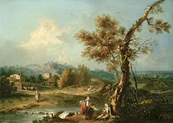 Italienische Flusslandschaft mit Reisenden